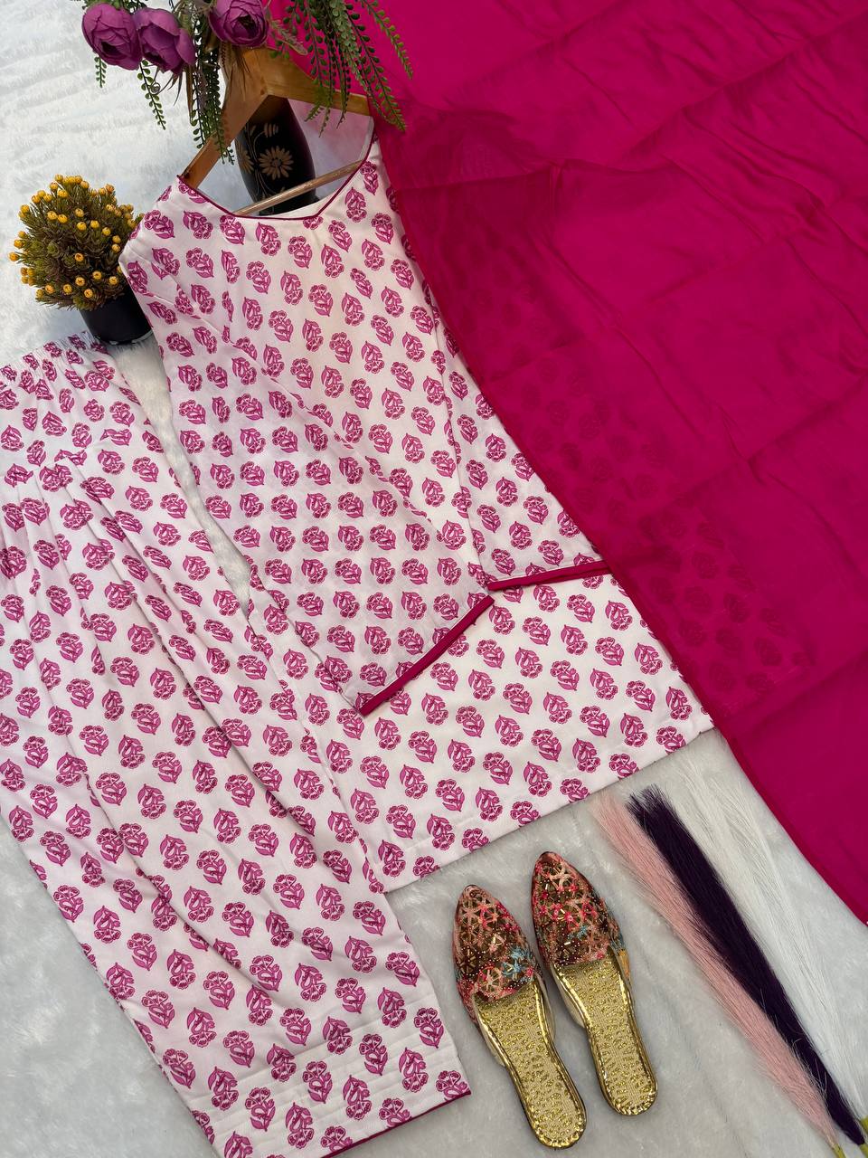 Charming Pink Floral Block Print Peplum Kurti and Wide-Leg Palazzo Suit Set Featuring an Elegant Tie-Up Back and Solid Vibrant Dupatta